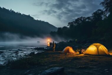 Lighted tents on river