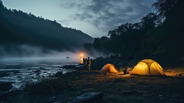 Lighted tents on river